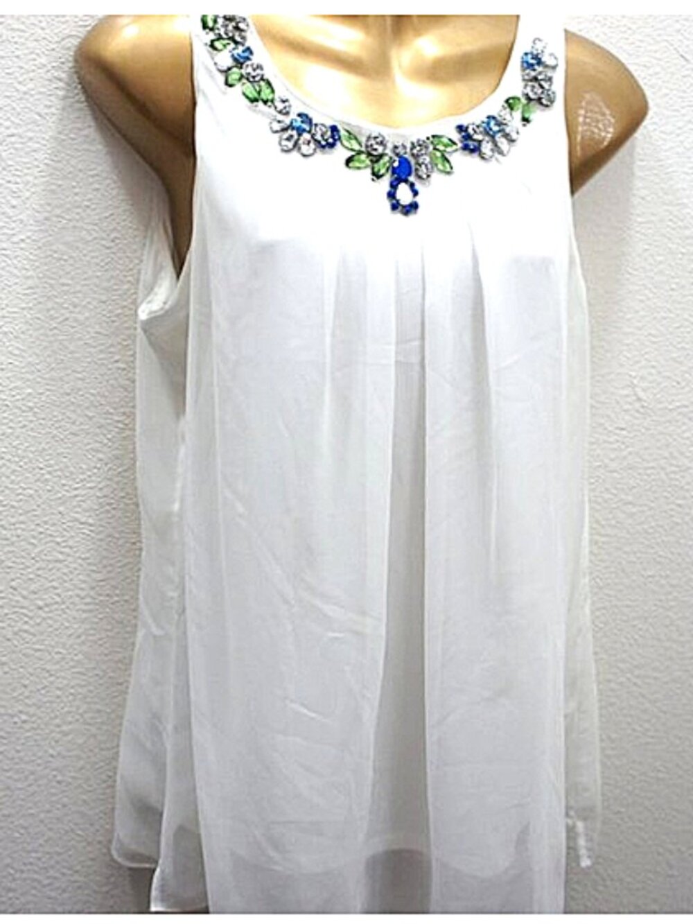White House Black Market White W/Jeweled Neck Top size M